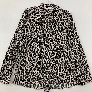 Susan Graver size 14 Black Brown Leopard Print Tie Front Button Down Office